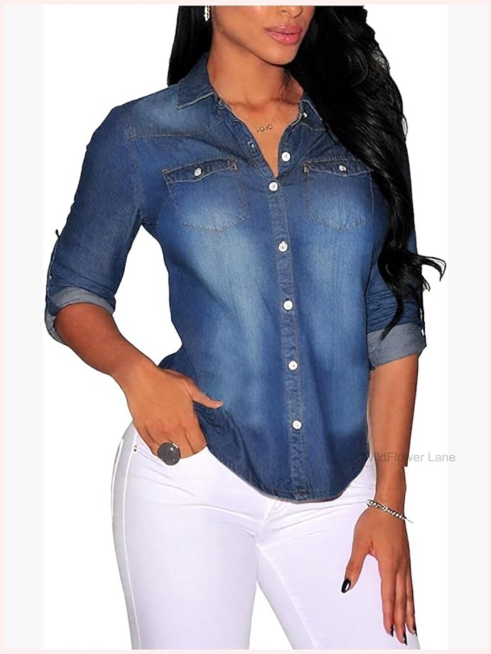Women Denim Button Down Shirt Long Sleeve Casual Blouse Plus Size
